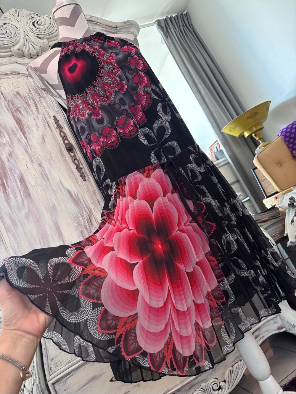 Desigual Black and Pink Floral Midi Dress
